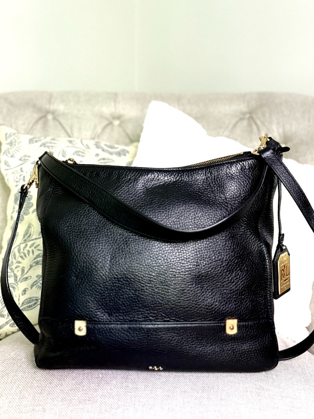 Classic Ralph Lauren Black Pebbled Leather Morrison Hobo Bag - Gold Hardware